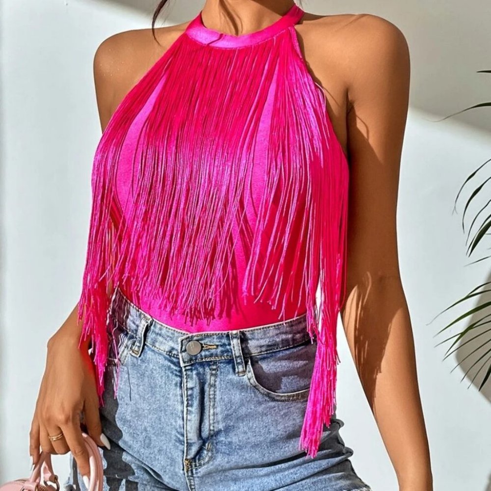 Fringe Halter Cami top Hot Pink - Picture 5 of 6